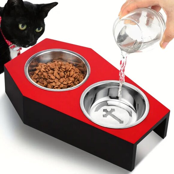{NEW} Gothic Cat Food Bowls 5° Raised Elevated Wooden Coffin Cat Bowl - Picture 1 of 5